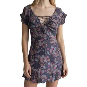 Free People Yours Truly Mini Dress Size 2 Blue Floral Print Lined Lace Up Front